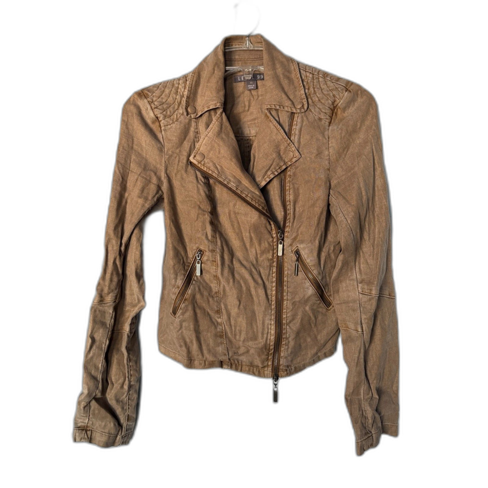 Level 99 Brooklyn Linen Moto Jacket Distressed Tan Earthy Indie Boho Crop